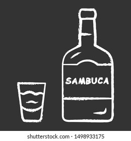 Sambuca chalk icon. Bottle and shot glass with drink. Italian anise-flavoured liqueur. Alcoholic beverage consumed for cocktails, straight. Isolated vector chalkboard illustration