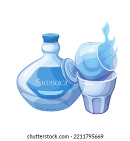 Sambuca cocktail with blue flame in glasses, bottle with alcohol drink from bar menu vector illustration. Cartoon burning exotic liquor in cup, isolated beverage for drinking on summer cocktail party