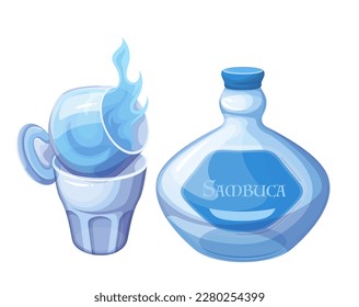 Sambuca cocktail with blue flame in glasses, bottle with alcohol drink from bar menu vector illustration. Cartoon burning exotic liquor in cup, isolated beverage for drinking on summer cocktail party