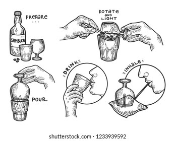 Sambuca how to drink instructions engraving vector illustration. Scratch board style imitation. Black and white hand drawn image.