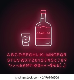 Sambuca neon light icon. Bottle and shot glass with drink. Alcoholic beverage consumed for cocktails, straight. Glowing sign with alphabet, numbers and symbols. Vector isolated illustration