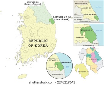 Samcheok-si (Samcheok) location on Gangwon-do (Gangwon Province) and Republic of Korea (South Korea) map. Clored. Vectored