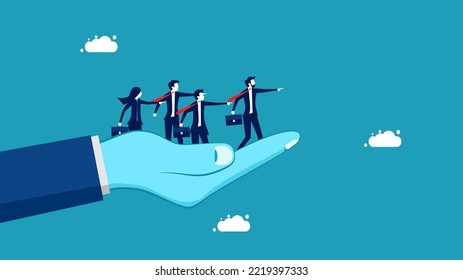 The same attitude in the organization. Businessman pointing to the same goal on the hand