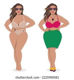 Same curvy lady wearing two clothing sets, dressed and undressed. Lingerie underwear and trendy skirt and top. Full figure confident woman plus size fashion looks.