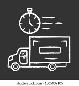 Same day delivery chalk icon. Fast shipping service and postal system. Express delivery truck. Quick parcel transportation. Shipment, courier service. Isolated vector chalkboard illustration