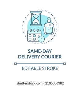 Same day delivery courier turquoise concept icon. Urgent and fast shipment abstract idea thin line illustration. Isolated outline drawing. Editable stroke. Roboto-Medium, Myriad Pro-Bold fonts used