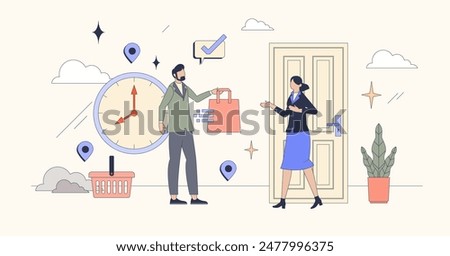 Same day delivery as fast courier service tiny person neubrutalism concept. Fast shipping and parcel transportation for customer purchases vector illustration. Priority express for retail orders.