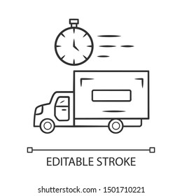 Same day delivery linear icon. Fast shipping service and postal system. Express delivery truck. Quick parcel transportation. Shipment service. Contour symbol. Vector isolated drawing. Editable stroke