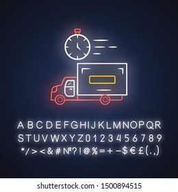 Same day delivery neon light icon. Fast shipping service, postal system. Express delivery truck. Quick parcel transportation. Shipment service. Glowing alphabet, numbers. Vector isolated illustration