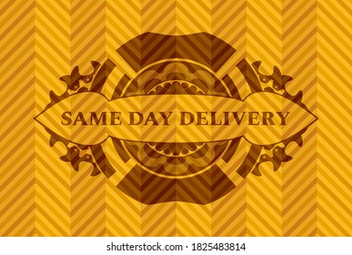 Same day delivery text inside abstract orange realistic badge. Geometric handsome background. Illustration. 
