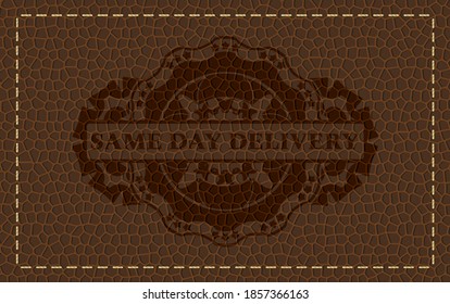 Same day delivery text inside leather realistic emblem. Wallet graceful background. Artistic illustration. 