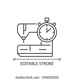 Same day and emergency tailoring linear icon. Sewing machine. Urgent outfit fixing. Thin line customizable illustration. Contour symbol. Vector isolated outline drawing. Editable stroke