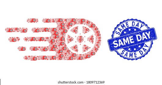 Same Day unclean round seal and vector fractal collage bolide wheel. Blue stamp seal contains Same Day tag inside round shape. Vector collage is composed from recursive bolide wheel pictograms.