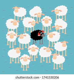 Same but different. A chilling black sheep  ,listening music, wearing a red sunglasses In a flock of white sheep. Hand drawn vector illustration on blue pastel background.