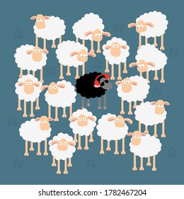 Same but different. A chilling black sheep ,listening music, wearing a red sunglasses In a flock of white sheep. Hand drawn vector illustration on blue background.