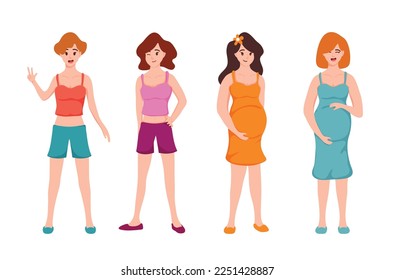 Same emotion but different style of Two Pregnant women and two young ladies in cartoon character,posing with colorful costume and happy feeling,