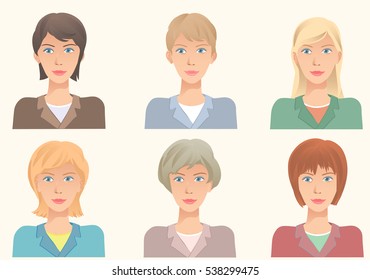 The same face with different hairstyles. Vector illustration avatars. Fashionable hairstyles with   various hair colors  for business lady.