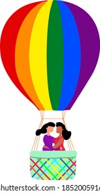 same gender couple in love on a  colorful hot air balloon, lesbian couple, pride and homosexuality