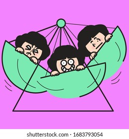 Same Girl In Different Moods Playing Swings. Mood Swing Concept Card Character Illustration