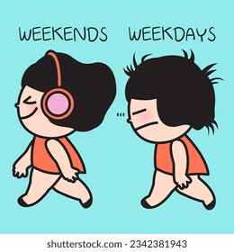 Same Girl With Her Different Emotion On Weekends And Weekdays Concept Card Character illustration