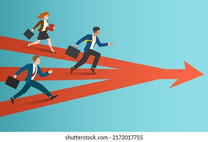 Same goal arrow. Business people run different paths towards to one target, success way vector illustration, fortune directions joined, purpose paths joining