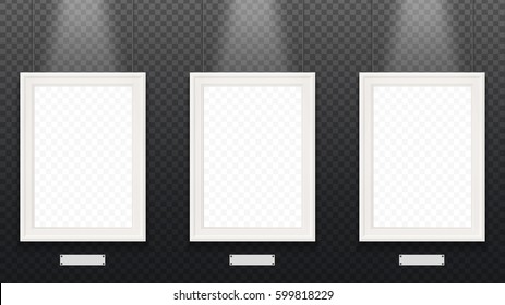 The same gray colored hanging frames with empty signboards below.