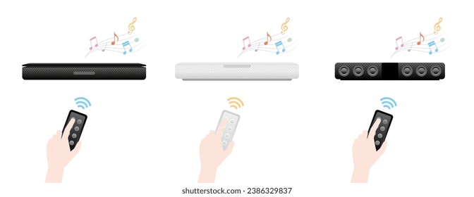 The same home appliance set_Sound bar, remote control, operation illustration.