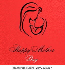 The same illustration of a mother holding her baby.
The background is red with the same subtle floral or geometric pattern.The text "Happy Mother Day" is written in an elegant cursive font in black