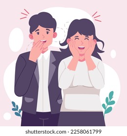 Same individual way, different business direction or team conflict, aligned decision, same idea or agree, businessman and businesswoman discussing business with same Happy face.