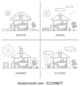 The same landscape scene (a house and a yard) in different seasons of the year - Winter, Spring, Summer, Autumn (Fall). Set of four vector illustration in linear design on white isolated background.