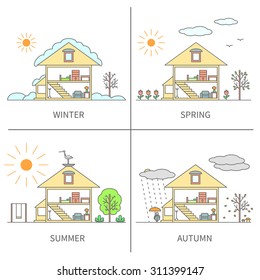 The Same Landscape Scene (house And Yard) In Different Seasons Of The Year - Winter, Spring, Summer, Autumn (Fall). Set Of Four Coloured Vector Illustration In Linear Design On Isolated Background.