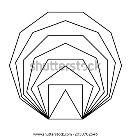 Same line segment length polygons, placed inside each other. Regular, convex, equiangular and equilateral polygons. From triangle, square, pentagon, hexagon to heptagon, octagon, nonagon and decagon.