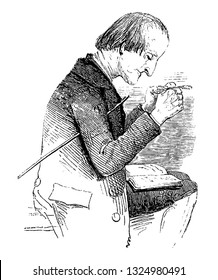 El mismo hombre, que sólo tiene un personaje, diversifica su escritura. Pero este hombre, a pesar de su igualdad de carácter, a menudo actúa de mil maneras diferentes, vintage ilustración de líneas de arte grabadas.