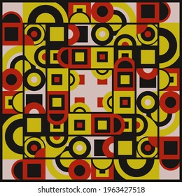 Same red and yellow shapes. Abstract pattern. Vector and geometric squares and circles pattern.