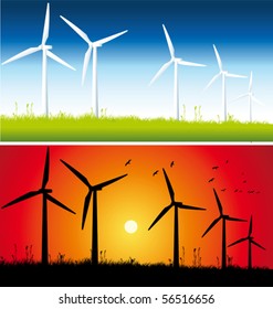 The same scene with windmills in the day and in the sunset.