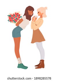 Same sex couple declaration of love. Date of female lovers of lesbian. Girl gives gift, bouquet of rose. Two women enjoying a romantic moment. LGBT young girlfriends in meet. Vector stock illustration