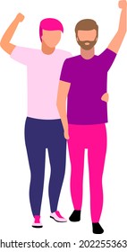 Personajes vectoriales de color semiplano de pareja del mismo sexo. Gente de cuerpo entero en blanco. Activistas gays protestando contra la violencia aislados ilustraciones modernas de dibujos animados para diseño gráfico y animación