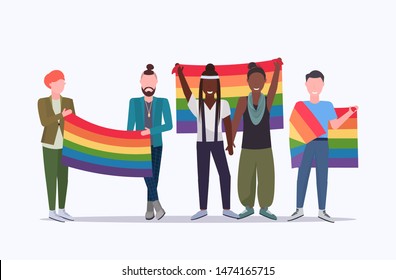 same sex couples holding rainbow flag mix race lesbians gays celebrating love parade lgbt pride festival concept cartoon characters standing together full length flat horizontal
