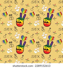 Same Sex Love Seamless Pattern With Thin Icons, Coming Out Pride Background, Rainbow Color Hearts, Peace Sign, Wrapping Paper, Textile Prints