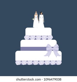 Same sex wedding cake on the blue background. Vector illustration