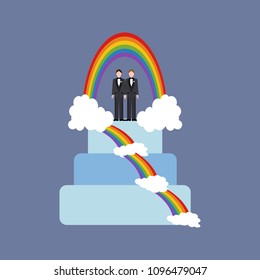Same sex wedding cake on the blue background. Vector illustration