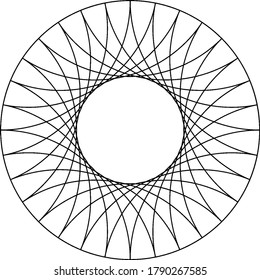Same size of arcs inside a circle joins two points of the circle with some spacing making circular shape inside the larger circle, vintage line drawing or engraving illustration.