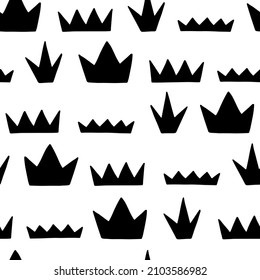 Same various crown designs for princesses and queens in one print. Black and white pattern. Children's print for gift wrapping paper