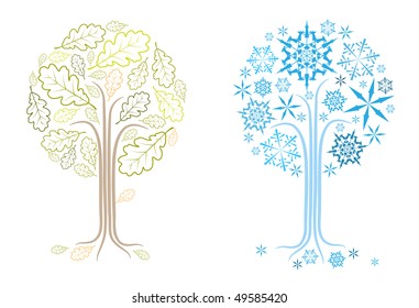 The same vector oak tree in different seasons (summer and winter)