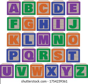 Same view 26 letters of alphabet blocks in bold colors, purple, green orange adn blue. Vector Illustration.