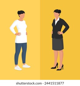 Same woman wearing casual clothing and formal business clothing: identity and career concept