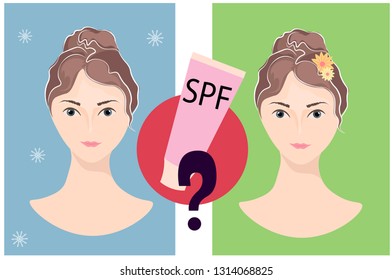 The same young cute girl on green and blue background in different seasons. Cosmetic product with SPF (sun protection factor) and the question mark which means should we use it in summer and winter