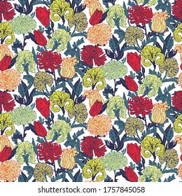 Sameless colorful flowers Pattern on white background