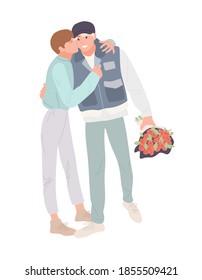 Same-sex couple declaration of love. Man gives gift, bouquet of roses. Enjoying a romantic moment, showing affection between lovebirds. Union of male lovers of homosexuals. Vector stock illustration.