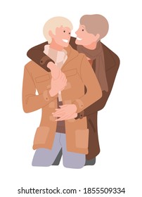 Same-sex couple on a date in cold weather. Gentle hugs of men in love in coat. Homosexuals enjoy romantic meeting. Guys spending time together on isolated white. Male couple. Vector stock illustration